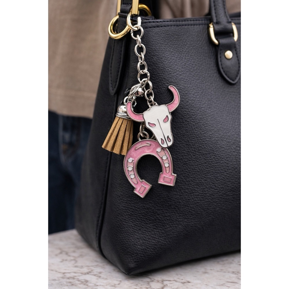 Nicole Purest Western Bull Skull Horseshoe Keychain Pink Tassel Purse Bag Charm